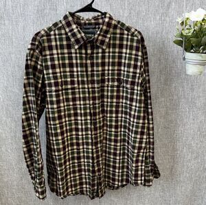 Outdoor Life Mens Button Up Flannel Size L Brown Green Plaid EUC 100% Cotton